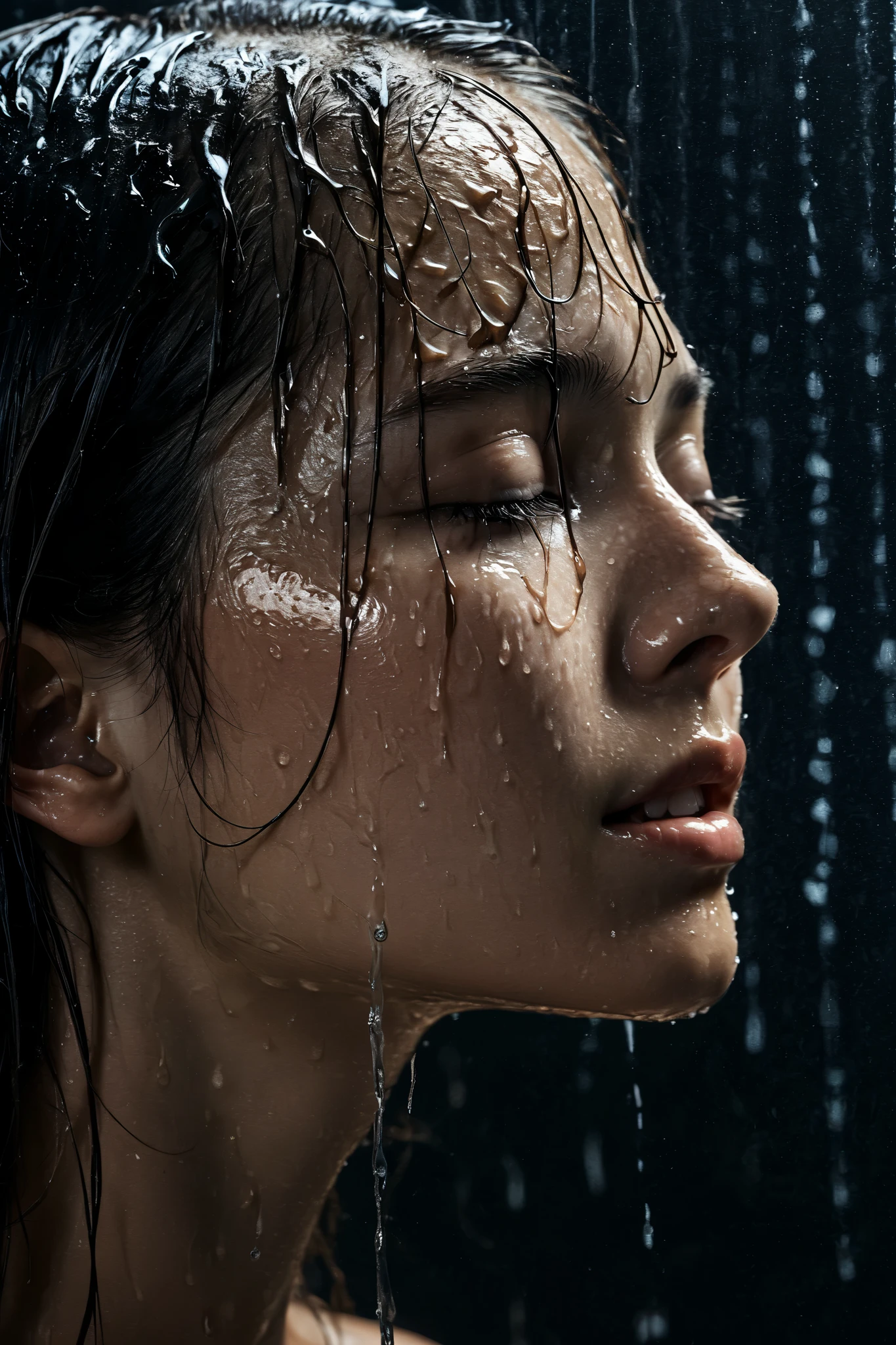 Photo of female model using water on her body