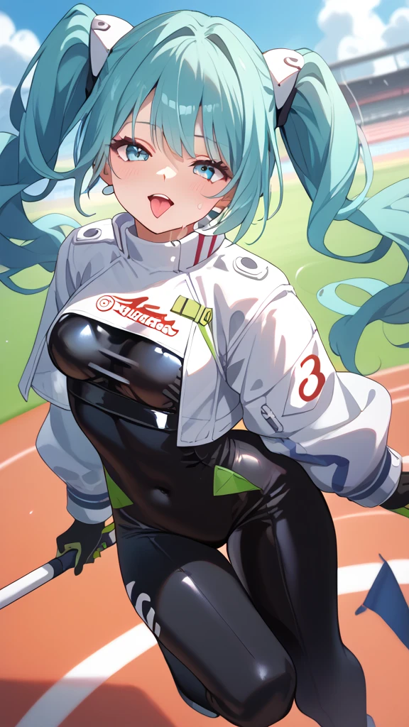 Racing Miku, aqua hair, Black latex bodysuit, Cropped jacket, White jacket, Long sleeve, Two-tone gloves, Thigh-high boots, seductive expression, seductive body language, sweat glistening, blushing, mouth open, tongue out, detailed facial features, intricate clothing folds, high quality, on race track, full body