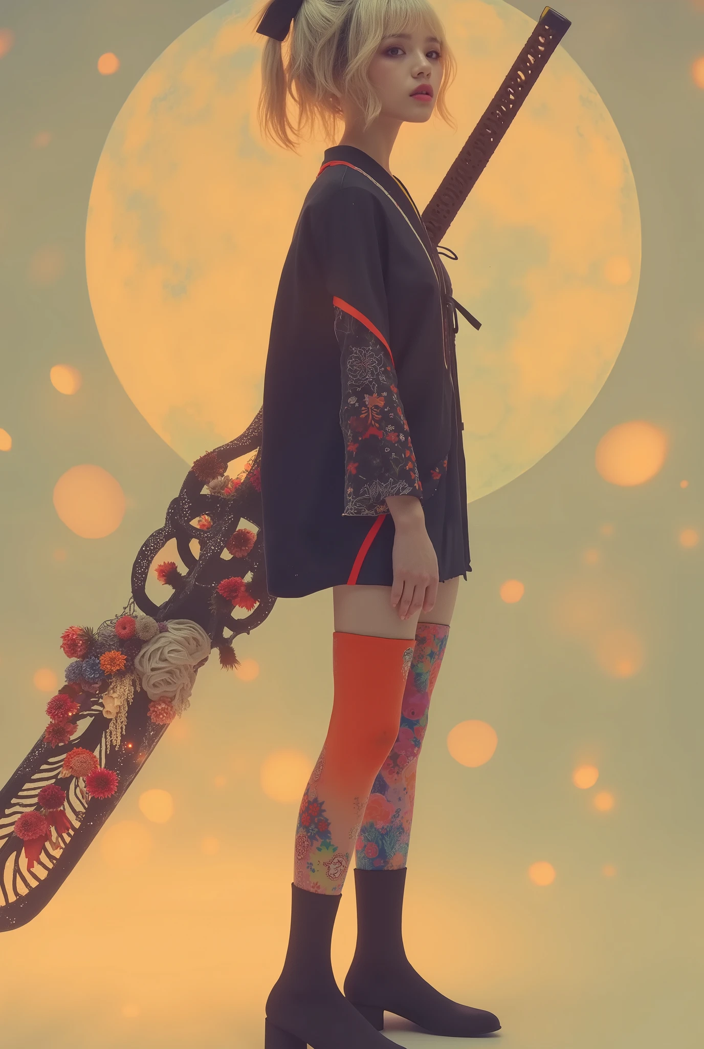 masterpiece、 super detailed 、8k、Jenna Ortega、 「 A stylish and bold illustration of a young blond shorthair woman standing in a confident pose。 black hair、 Braided Pigtails 、 wearing a modern kimono with a striking orange and black color palette 、 is adorned with intricate floral patterns and clear lace sleeves 。 Her outfit 、 and is accented with bright multicolored ribbons on her back and uniquely patterned stockings 。 One leg has a bright orange design 、 The other leg is adorned with colorful abstract motifs 。 She has an industrial design It has a large, ornate sword that has been applied 、 Its blade reflects a fusion of modern and traditional aesthetics 。 has minimal 、It features soft flower outlines and a shining full moon 、 emphasizes her graceful and powerful presence 。」
