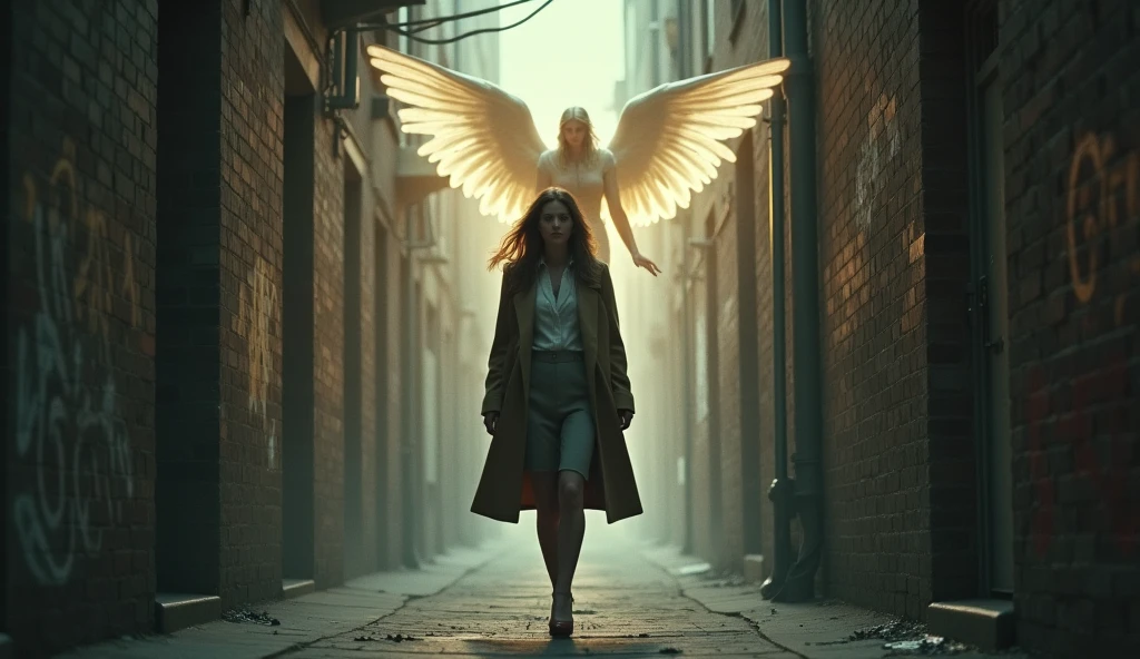 A woman struggling with blood on her hands and a wings that have a color of black in the left and white in the right. And with the outfit of a black sclacks and with office shirt. She was shock of what happened that she needs to hide
Make it a book cover and more majestic not realistic picture