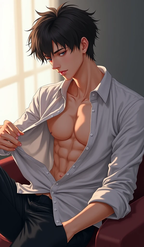 a shirtless 22-year old male wearing jeans, cute, handsome face, six-pack abs, beautiful body, well-defined body, sweat-drenched, soaking wet, drenched with sweat, sweating profusely, soaking wet with sweat, exhausted, panting, resting on the floor