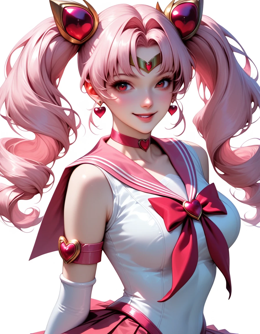 best quality, amazing quality, very aesthetic, absurdres, 1girl, chibiusa, pink hair, twintails, cone hair bun, double bun, red eyes, earrings, hair ornament, tiara, red bow, heart brooch, choker, white elbow gloves, magical girl, multicolored clothes, multicolored pleated skirt, pink sailor collar, sailor senshi uniform, hands behind back, smile, upper body, looking at viewer, solo, simple background, white background 