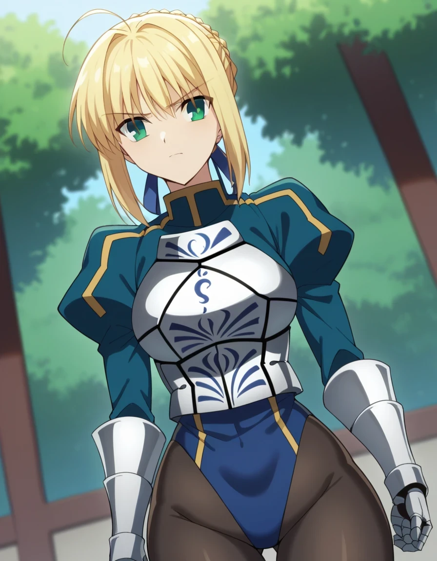 score 9 、score 8 up、score 7 up、source anime、1woman、、arthoria pendragon、 artoria pendragon (fate)、Saber、Alone、Blonde、 green eyes、braided ponytail、bangs、blue bow in hair、 、sidelorks hair、hairbun、single hairbun、braid、french braid、Big Breasts、 very large breasts 、 blue leotard 、armor、 black pantyhose、 gauntlet、armored leotard、breasts armor、leotard sleeve withan puffy sleeve、leotard crotch with an high leg、Outdoor、island、sea、tropical、tree々、isolation、 cowboy shot、looking at viewer、Female focus、dutch angle、