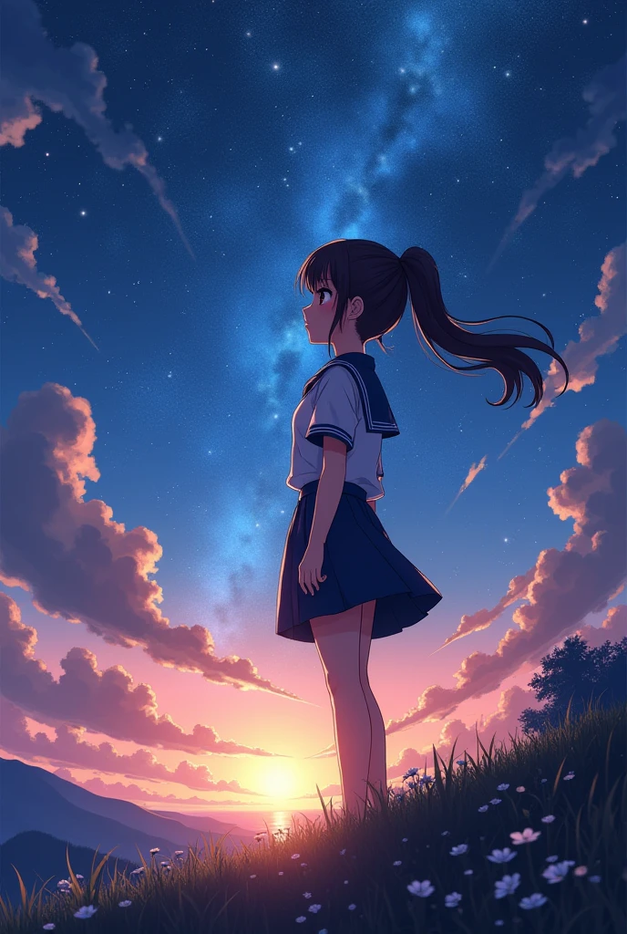 (Best Quality: 1.5), (Super Detail: 1.5), (Best Quality Photo: 1.5), ocean as far as the eye can see, full of stars, meteor shower, horizon, midnight, midnight, scenic, beautiful landscape, galaxy, nebula, light particles, very delicate and beautiful, very detailed, cinematic light, mysterious, cinematic angle, 8k resolution, elegant, perfect, smooth, beautiful girl looking up to the heavens diagonally, very cute, Glossy braided hair, hair fluttering in the wind,