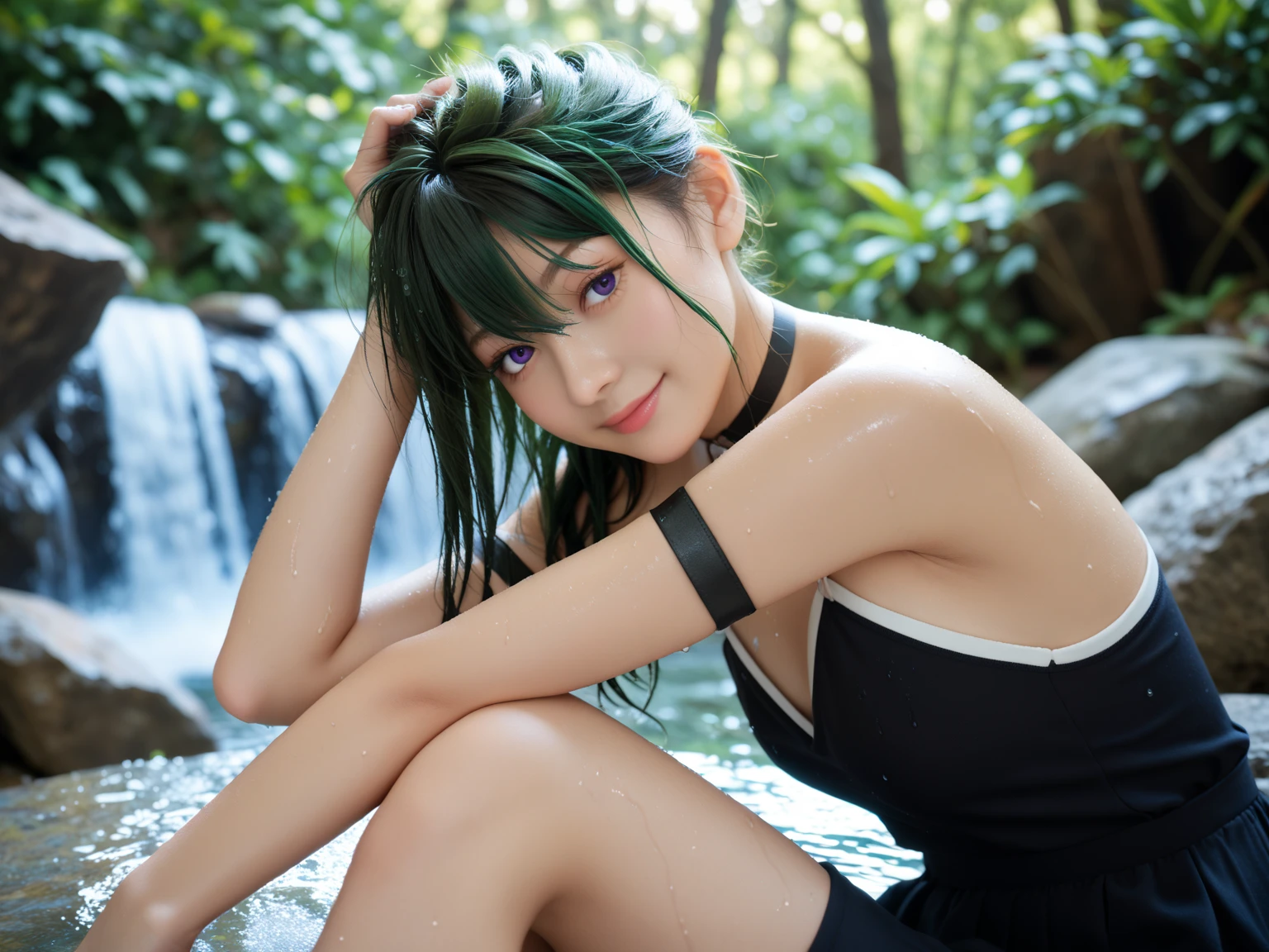  RAW photos ,masterpiece, top quality , high res,Realistic, in the woods, sit on rocks, crosses legs,waterfall in the background,Asahi, Soft Light,Uber,Beauty, well-prepared face,young, purple eyes, beautiful eyes, beautiful eyes, Viewer Target,Green Hair, wet hair, pull up your hair , black choker, arm strap , Bracelet , casual black clothes,Wet clothes, wet body,woman,Armpit, Beautiful Fingers ,A slight smile, close your mouth