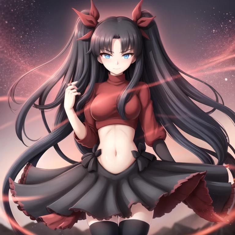 Tohsaka Rin, volumetric lighting, best shadows, shallow depth of field, Portrait of an incredibly sexy girl, Delicate beautiful attractive face with bright seductive blue eyes, pointed eyebrows, Enjoying the scenery, Sly smile, closed mouth, huge ass, Long black hair layered on both sides, hair ribbon, Blush eyeshadow, thick eyelashes, Cross on red turtleneck shirt, Slim waist, black pleated mini skirt, big thigh, High-height black stockings thigh, visible thong, late in the evening, The , floating dust particles, dark cave reddish light, , (highest quality, amazing details:1.25), (Only:1.3), Brilliant colorful paintings