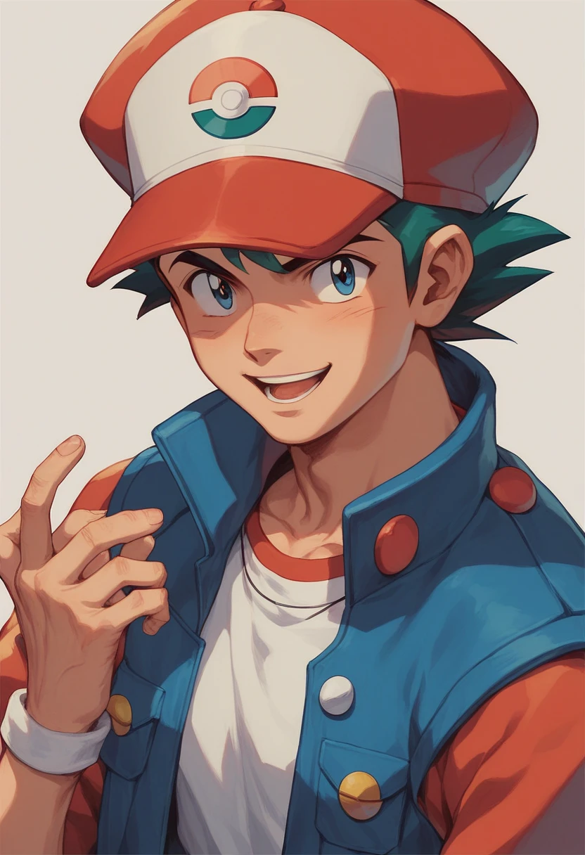 Ash ketchum  frawning , retro anime, pokemon style, classic red hat, original Outfit, pokemon style.
