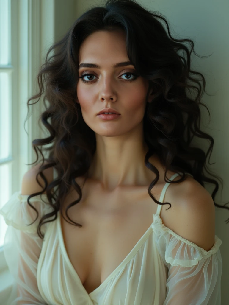 A Syrian girl, 26 years old, long black curly hair, silky pale skin, large breast, sexy. Face in Camera, brown eyes, ((upper body selfie, happy)), (in 8K, Raw photography, top-quality, masterpiece:1.2)