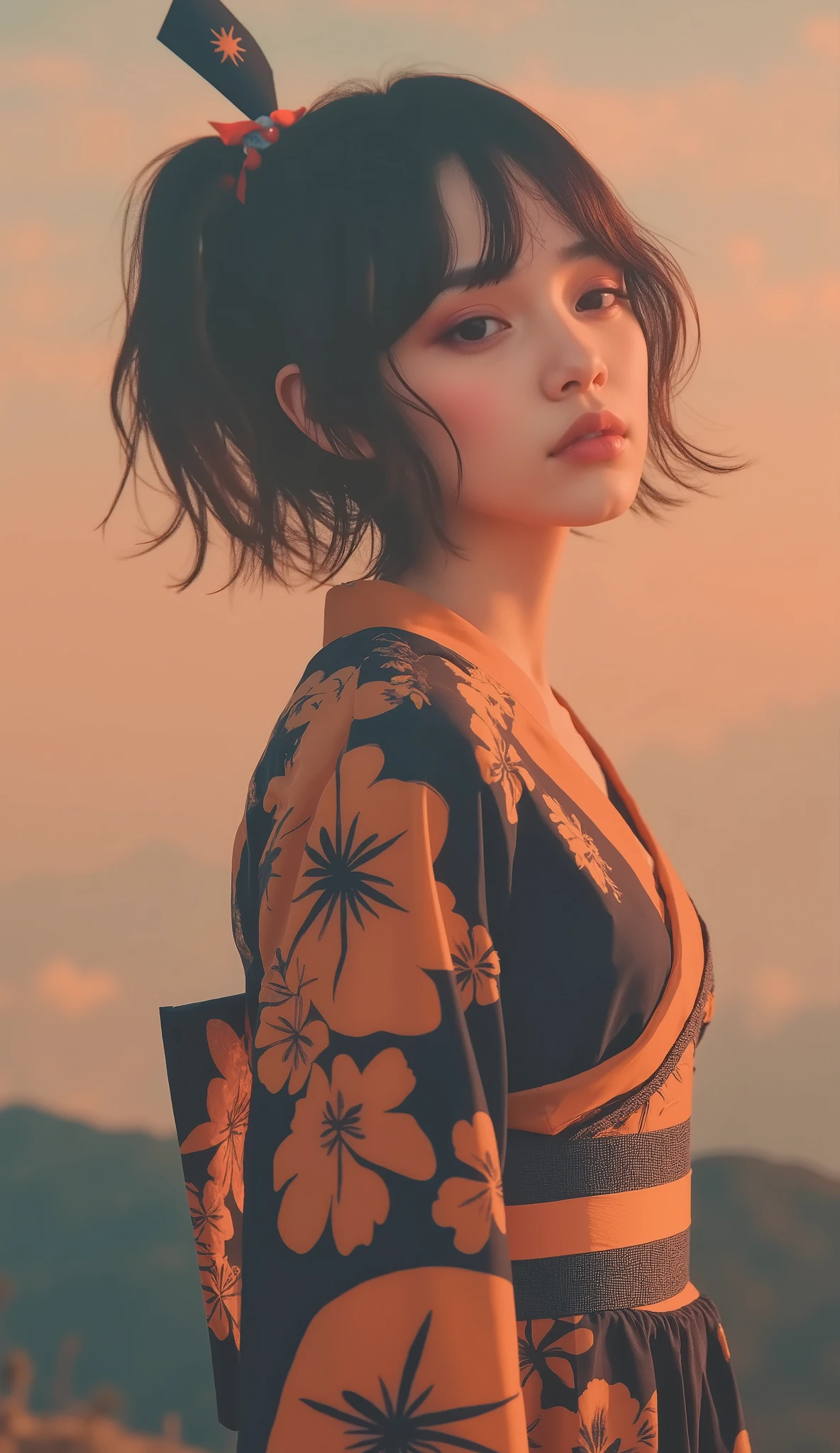 masterpiece、 super detailed 、8k、Jenna Ortega、 upper body「 black hair Braided Pigtails の若い女性が自信に満ちたポーズで立っているスタイリッシュで大胆なイラスト。 black hair、 Braided Pigtails 、 wearing a modern kimono with a striking orange and black color palette 、 is adorned with intricate floral patterns and clear lace sleeves 。 Her outfit 、 and is accented with bright multicolored ribbons on her back and uniquely patterned stockings 。 One leg has a bright orange design 、 The other leg is adorned with colorful abstract motifs 。 She has an industrial design It has a large, ornate sword that has been applied 、 Its blade reflects a fusion of modern and traditional aesthetics 。 has minimal 、It features soft flower outlines and a shining full moon 、 emphasizes her graceful and powerful presence 。」