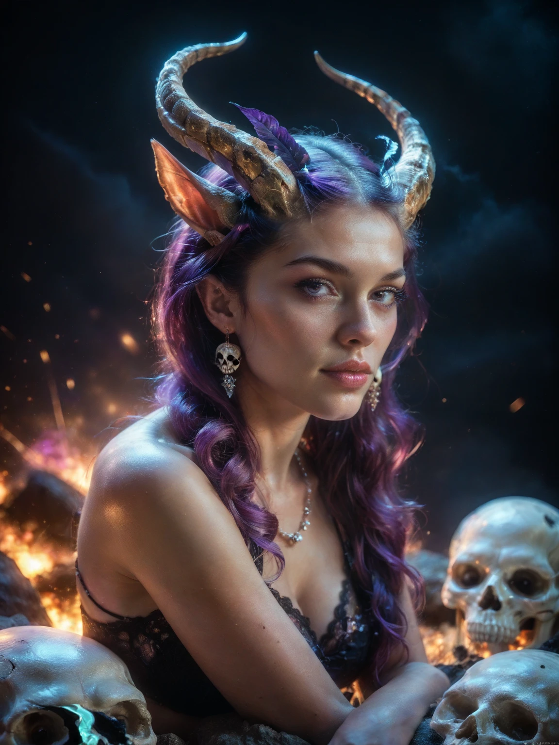  Photography-photography style ，Ultra-clear details ， portrait photograph ， The image of a female demon in mythology，Decorated with purple ， Eagle skull with spiral horns ， The wings have intricate pattern details ， Beautiful patterns all over the body ， sitting on a pile of rocks ，standing posture， 22-year-old mysterious entity ， fantastic surrealism ， Explosion of purple light ， Dark background contrast ， highly detailed textures ， hyperrealistic style ，raw,8K