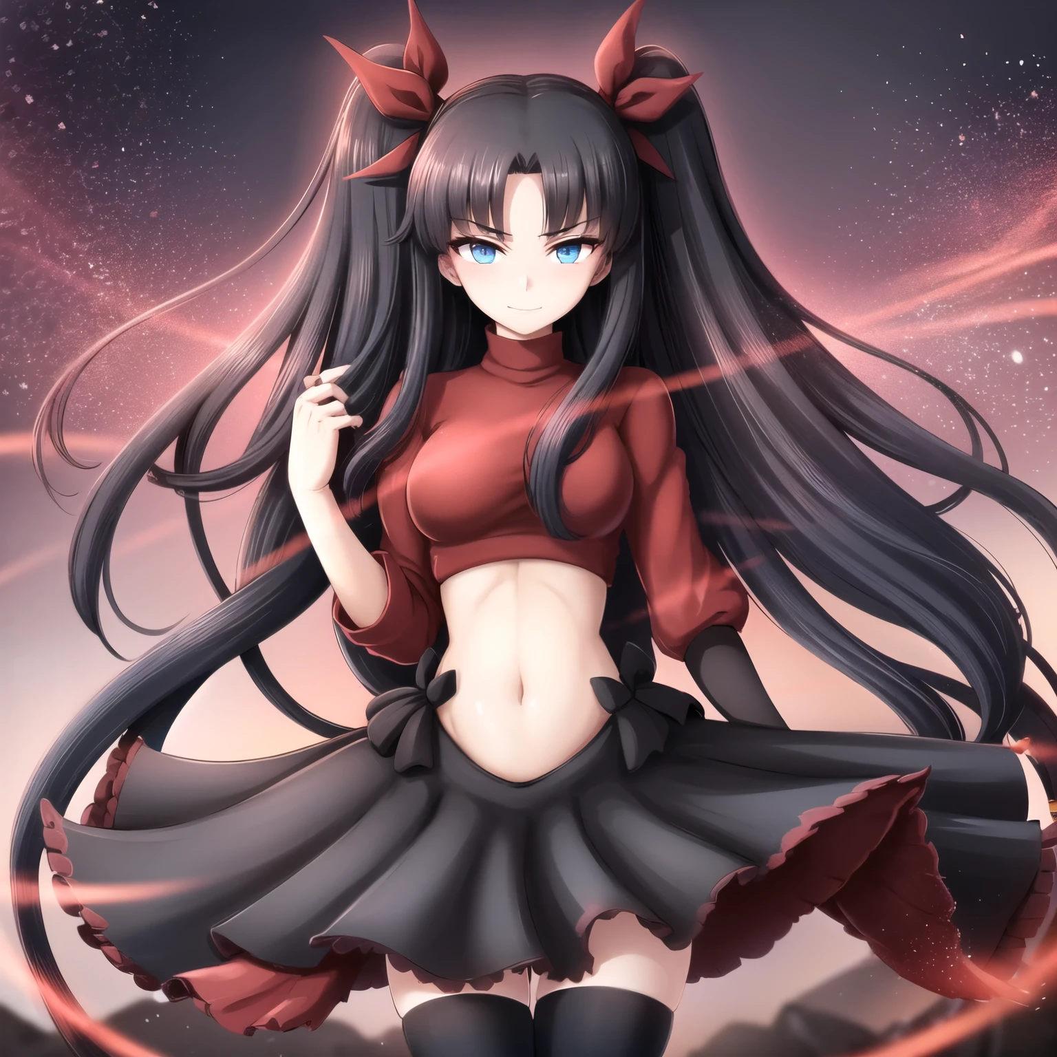 Tohsaka Rin, volumetric lighting, best shadows, shallow depth of field, Portrait of an incredibly sexy girl, Delicate beautiful attractive face with bright seductive blue eyes, pointed eyebrows, Enjoying the scenery, Sly smile, closed mouth, huge ass, Long black hair layered on both sides, hair ribbon, Blush eyeshadow, thick eyelashes, Cross on red turtleneck shirt, Slim waist, black pleated mini skirt, big thigh, High-height black stockings thigh, visible thong, late in the evening, The , floating dust particles, dark cave reddish light, , (highest quality, amazing details:1.25), (Only:1.3), Brilliant colorful paintings