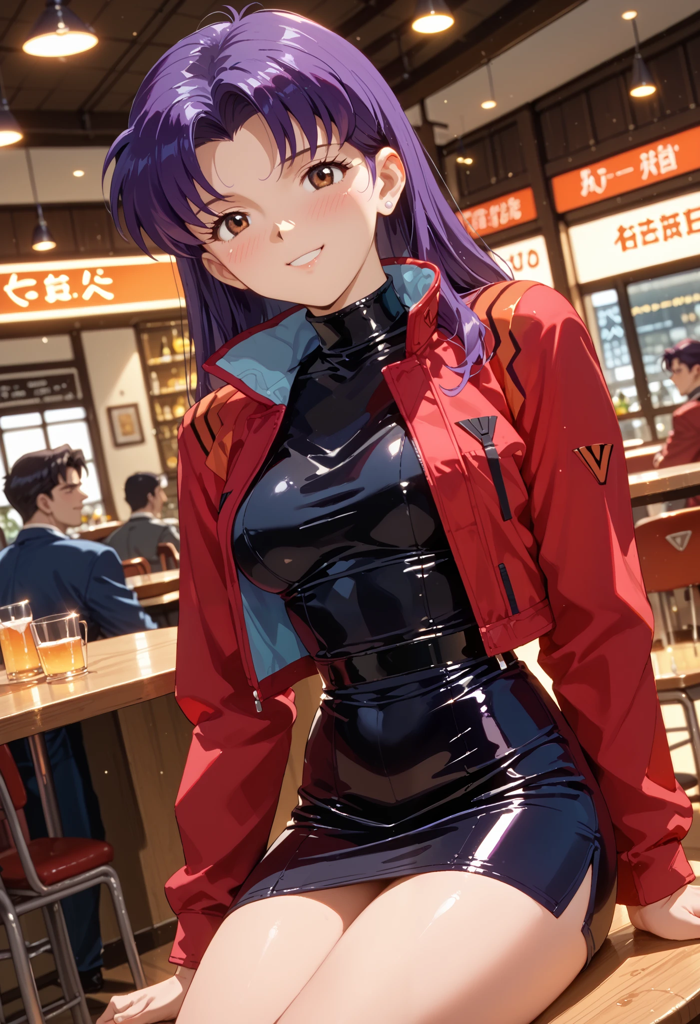 1girl, misato katsuragi, solo, dutch angle, blush, red jacket, black turtle-neck dress, collar, thicc thighs, seductive pose, looking at viewer, medium breasts, dark brown eyes, purple hair, shy smile, fancy restaurant, (blurry background), depth of field, masterpiece, best quality, good quality, newest, ultra quality, high detailed