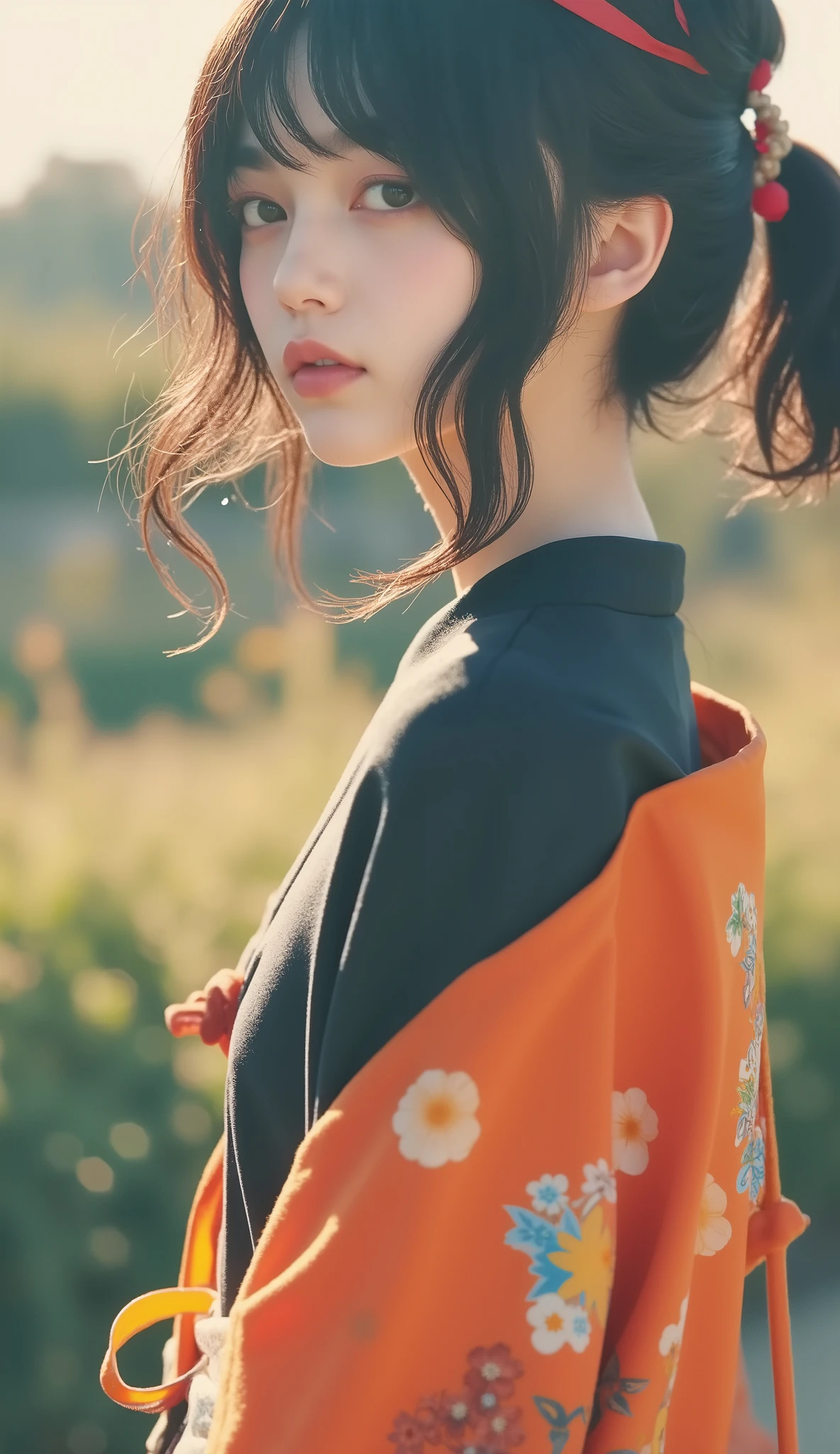 masterpiece、 super detailed 、8k、Jenna Ortega、 Upper body zoom up「 black hair Braided Pigtails の若い女性が自信に満ちたポーズで立っているスタイリッシュで大胆なイラスト。 black hair、 Braided Pigtails 、 wearing a modern kimono with a striking orange and black color palette 、 is adorned with intricate floral patterns and clear lace sleeves 。 Her outfit 、 and is accented with bright multicolored ribbons on her back and uniquely patterned stockings 。 One leg has a bright orange design 、 The other leg is adorned with colorful abstract motifs 。 She has an industrial design It has a large, ornate sword that has been applied 、 Its blade reflects a fusion of modern and traditional aesthetics 。 has minimal 、It features soft flower outlines and a shining full moon 、 emphasizes her graceful and powerful presence 。」