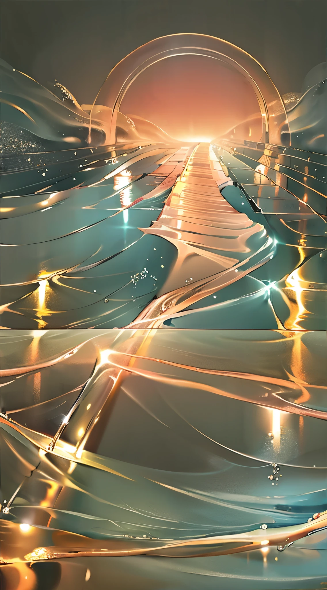 pretty, stone bridge, shiny droplets, trail leading towards the distant horizon, abstract