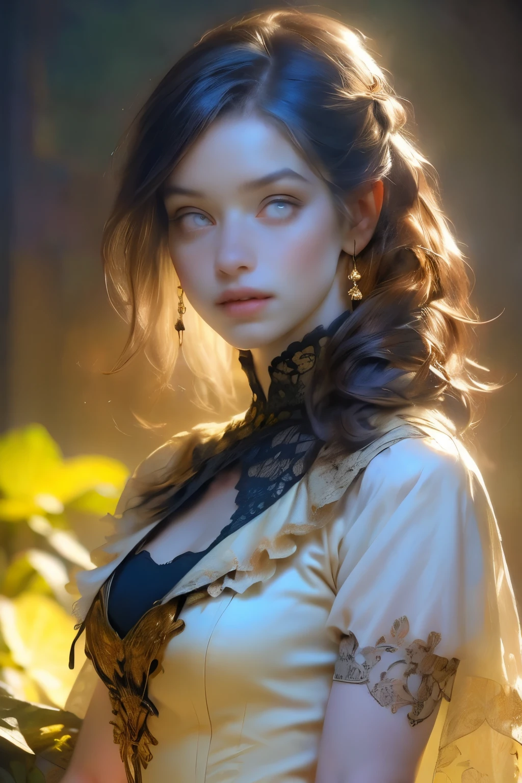 ((best quality)), ((masterpiece)), (detailed), perfect face (((mastepiece, of the highest quality, super detailed))), photorealistic, (heroic composition), ((((Highly detailed face)))), small thin nose, Small thin lips mouth, (((Very sharp focused eyes))), ((perfect symmetrical beautiful eyes)). looking here, (resolved expression), (resolute expression), )))), ((ponytail, thick ponytail, heavy ponytail)), an occultic warrior priestess, Victorian era inspired, ((intricate beautiful armour)), (Fluttering lace flared dress with frilly petticoats), ((Bloodbourne inspired)), (nier 2b inspired), (black and yellow clothing detailed and intricate steampunk and detailed gothic), (with a hood), thigh high lace stockings, complex buckled boots,