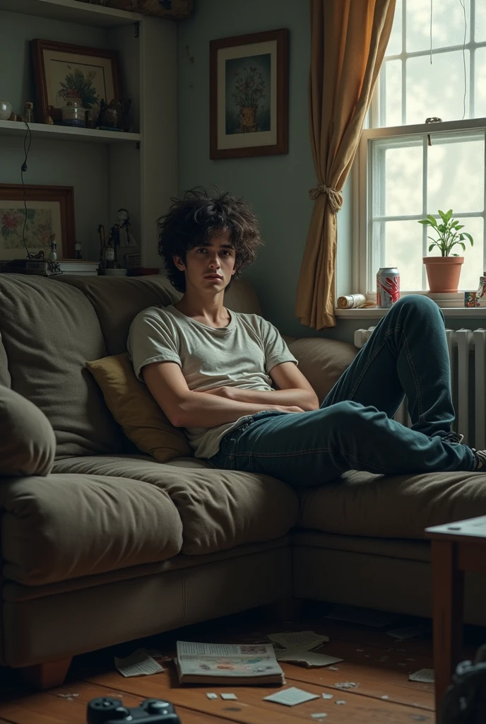 a young man in sloppy clothes lies on the sofa, in the background there is a messy room