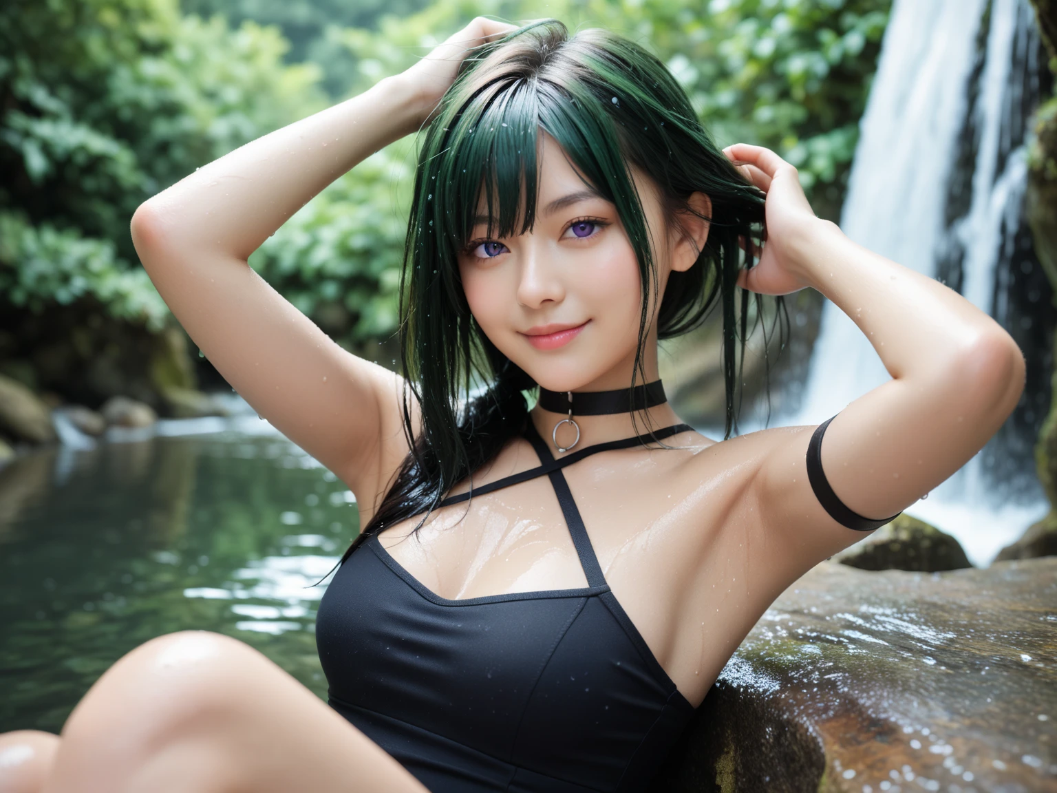  RAW photos ,masterpiece, top quality , high res,Realistic, in the woods, sit on rocks, crosses legs,waterfall in the background,Asahi, Soft Light,Uber,Beauty, well-prepared face,young, purple eyes, beautiful eyes, beautiful eyes, Viewer Target,Green Hair, wet hair, pull up your hair , black choker, arm strap , Bracelet , casual black clothes,Wet clothes, wet body,woman,Armpit, Beautiful Fingers ,A slight slight smile, close your mouth