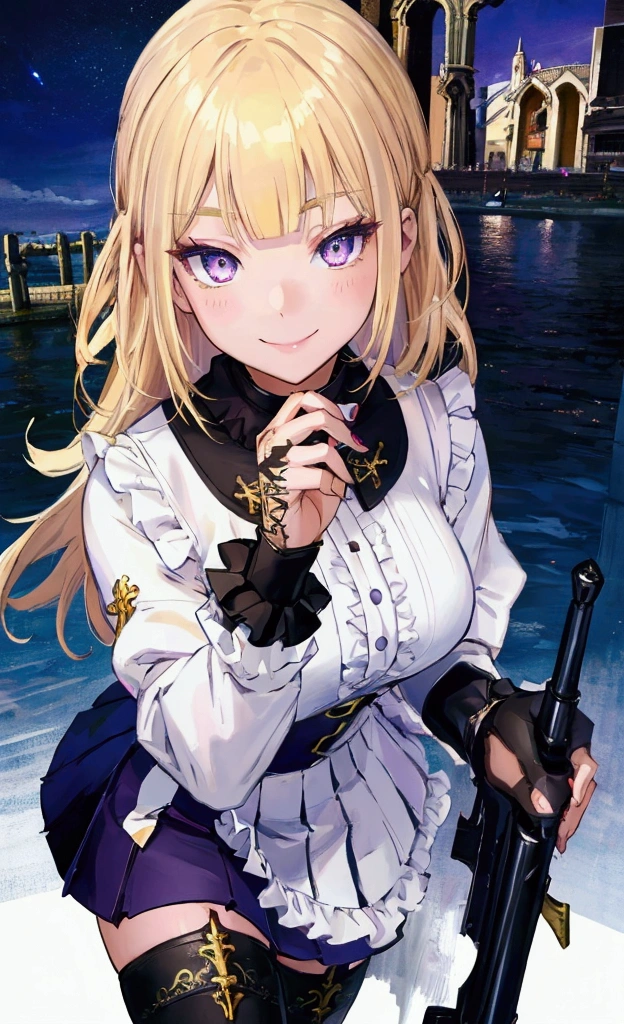 oil painting, Like a game cover、quality( Official Art、最高quality、unity 8k wallpaper、32K、masterpiece、 ULTRA DETAIL、 super high res、 realistic 、 Photorealistic:1.2)、background( a huge city floating in the sky, Town on the Clouds , , with the city below , You can see the horizon 、 movie lighting:1.2)、 pose(Condescending、I spread my legs、 smiles)、 characters(Mean face、 purple eyes, with long eyelashes 、 sharp pupils、 red eyeliner that makes a memorable impression、smile、細部まで beautiful facesと目、 sharp pupils、 beautiful faces、 beautiful girls、( very detailed skin 、 detailed skin texture showing the cathedral :1.3))、Hairstyle(Half Blonde、 colorful hair:1.3、blunt bangs)、clothing(Purple Igical Girl Costume、 wearing black tights 、 white shirt、Frilled outfit、 frill skirt 、 knee socks、( thigh thigh thigh:0.8)、 black boots )、item( carried a Boston bag)、scene(whole body)