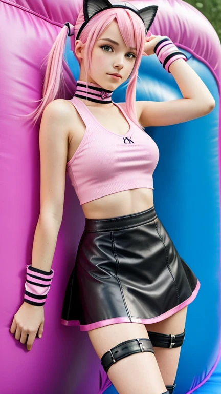  teenager with pink hair ,  slim model , pink leather korsett , tüll skirt pink ,  leather arm warmers blue,  knee-high leather boots, Cat ears, bouncy castle, twintails

