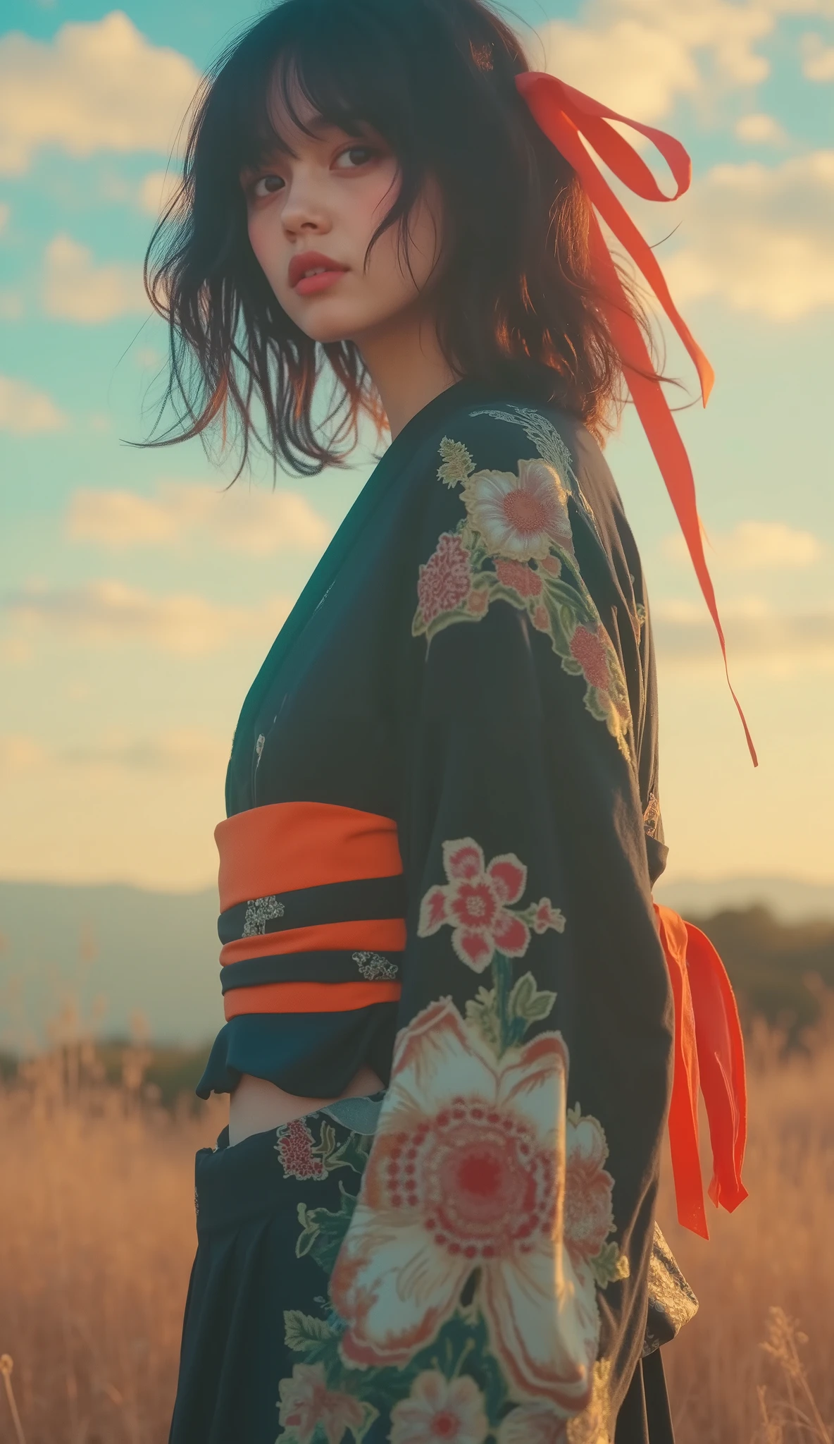 masterpiece、 super detailed 、8k、Jenna Ortega、  super zoom up on her face 「 black hair Braided Pigtails の若い女性が自信に満ちたポーズで立っているスタイリッシュで大胆なイラスト。 black hair、 Braided Pigtails 、 wearing a modern kimono with a striking orange and black color palette 、 is adorned with intricate floral patterns and clear lace sleeves 。 Her outfit 、 and is accented with bright multicolored ribbons on her back and uniquely patterned stockings 。 One leg has a bright orange design 、 The other leg is adorned with colorful abstract motifs 。 She has an industrial design It has a large, ornate sword that has been applied 、 Its blade reflects a fusion of modern and traditional aesthetics 。 has minimal 、It features soft flower outlines and a shining full moon 、 emphasizes her graceful and powerful presence 。」