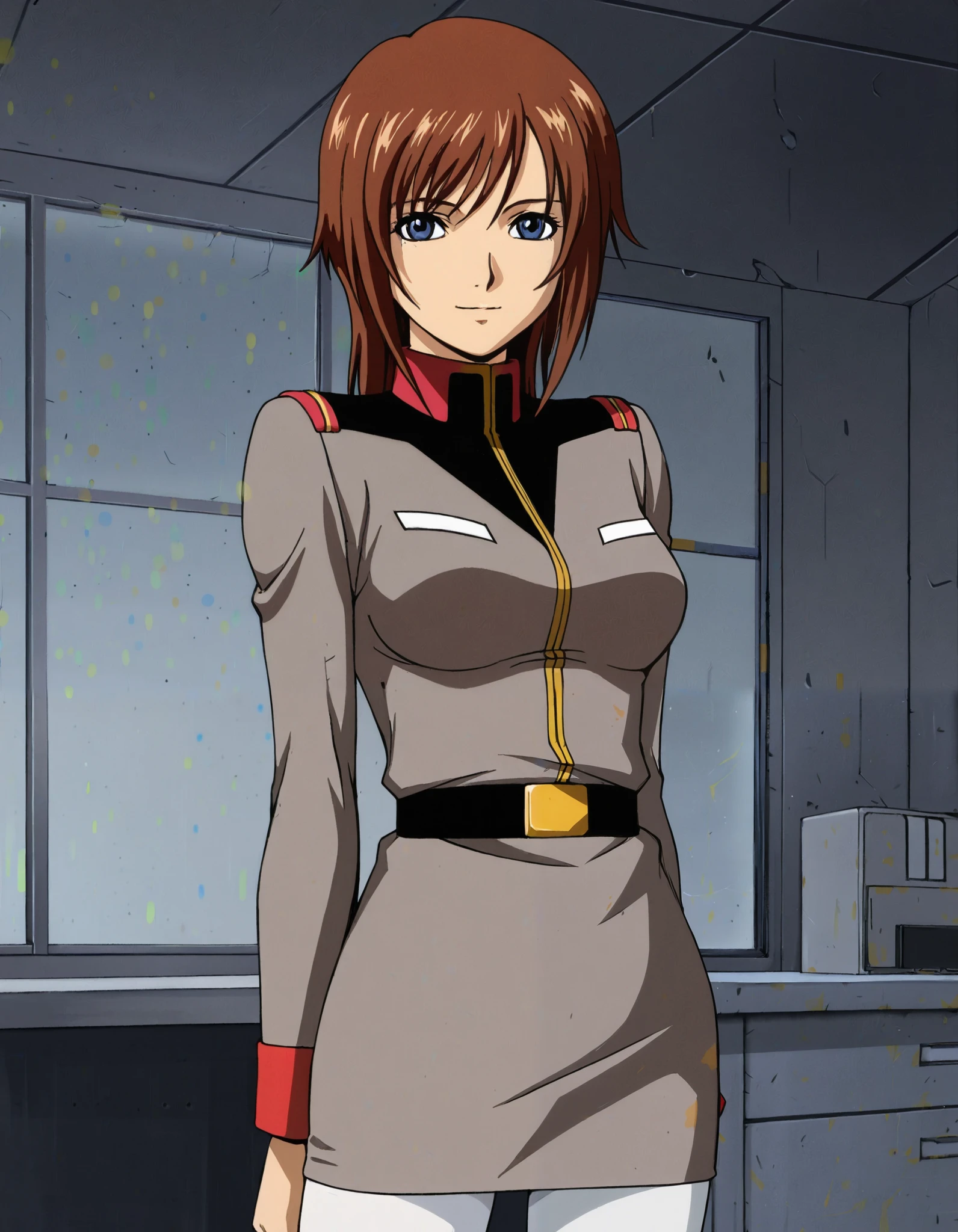  1 girl, Alone, Miyu Takizawa, Brown Hair,  upside down hair , medium hair,  blue eyes,  light smile , uniform, Grey clothes, earth federation,  White Pantyhose ,  Cowboy Shot ,  desk that opens to degrees, (the above:0.5),  military base ,  anime coloring  ,  dark theme , Low light, 2010s \( style for stilets\) 