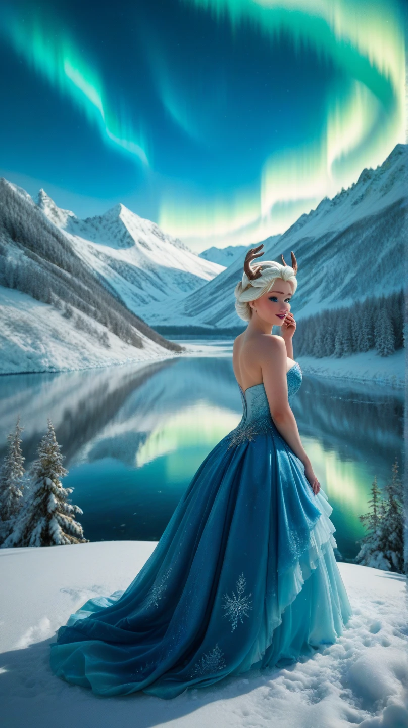 Frozen Wilderness:
"A massive yet gentle beast with fur that shimmers like frost stands on the icy shore of a frozen lake. His horns curve majestically, and his eyes glow with warmth despite his fearsome appearance. Beside him, his beautiful princess, wrapped in a flowing ice-blue gown, looks into his eyes, ready to share a kiss as the aurora borealis lights the sky."