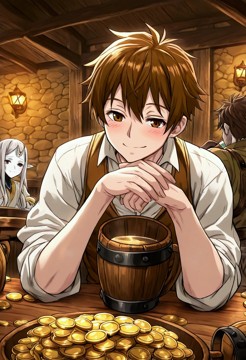 ((master piece)),best quality, Male, commoner, pale white skin, brown hair, brown eyes, rugged look, drinking in a tavern, smiling, gold coins next to him on a table, Score_9, score_8_up, score_7_up, 