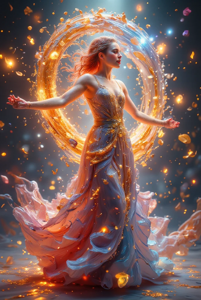 (best quality, 128k, highres, masterpiece:1.2), ultra-detailed, (realistic, photorealistic, photo-realistic:1.37), ((masterpiece)) ((photography)) ((Highest quality)) A graceful woman dancing at the heart of a dreamy and colorful universe. She wears a sumptuous gown in shades of gold, blue, and red, adorned with shimmering patterns that blend seamlessly with the swirling lights around her. Her long, wavy hair floats as if carried by a cosmic breeze, merging with the whirling energy of the background.  

The scene radiates vibrant hues: swirling yellows, purples, and blues evoke a galaxy in motion. Bursts of gold illuminate the setting, creating a magical and ethereal atmosphere. The woman, eyes closed and wearing a serene smile, embodies grace and harmony, as though she is dancing with the universe itself. Fluid lines and luminous textures convey a sense of dreamlike infinity.