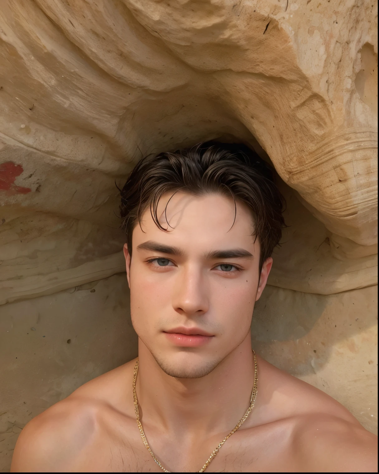A 16 year old white boy with a sharp jaw and some freckles with slightly short hair..............., Slightly messy wavy hair and green eyes................ Height of 1.85 with a classic style, with a seductive look with headphones, more seductive, mas sexy, MUCH MORE SEXUAL, but high, with a necklace and a sexy mini smile, Slightly longer hair, not so long, and he is a little blushing