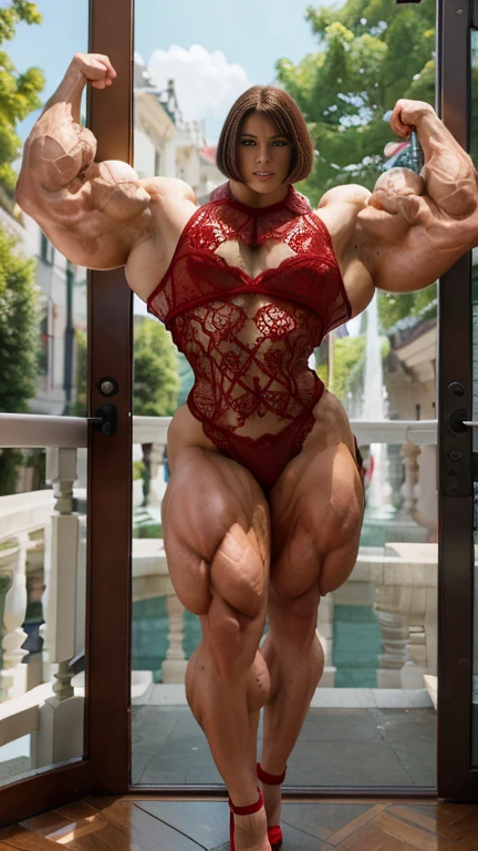 ((masterpiece)), (((best quality))), (((muscular:1.4)) woman, suburban area, ((full body view)) mature face, defined cheekbones, ((long hair:1.2)), Perfect Beautiful , perfect Face , ((bronze tone skin)), (buff arms, buff legs), long straight platinum Hair , fancy ((very long)) elegant dress , female bodybuilder Body , ((muscular legs:1.5)), Realistic Lighting , Gothic Makeup , Posing Like a Model , Look at Viewer, cool lighting, ((cool ambiance light:1.0)), high cheekbones, illustration, ultra muscular, sexy bimbo, large round breasts, ((detailed face:1.4)) beautiful woman, (large full lips:1.4), pose, 8k,16k, muscular woman, suburban area