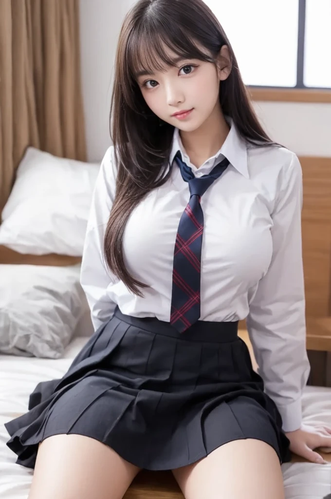 ultra highres,(reality: 1.4),highest quality, masterpiece, high detail, 16K quality, beautiful, 1 beautiful girl,japanese,super beautiful face,,japanese idol face,cute face,super detailed face,detailed hand,beautiful skin,oily skin,big eyes,profeccional lighting,long hair,brown hair,black beautiful eyes, big smile,laying down on bed, spread legs,(skirt lift),spread pussy,detailed pussy,show pussy,medium breasts,navy blazer,white shirt,open button,cleavage,(checked skirt),high socks,she is looking at the camera,hotel,nsfw,