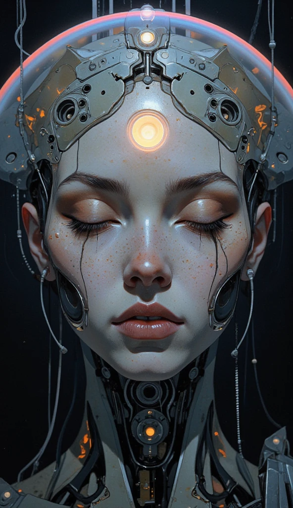 An unearthly closeup of a cybernetic being’s face in the style of ck-ncr,  Her features are a flawless fusion of synthetic flesh and intricate machinery, glowing faintly in a gradient of blue and gray. Her expression is serene, almost divine, with eyes half-closed as if in meditation. The details of her face reveal microfilaments of light coursing beneath translucent synthetic skin, seamlessly integrated with polished metallic components.
Delicate cables extend from the edges of her face, disappearing into the dark, misty background. Faint reflections of cascading streams of shimmering code play across her features, as if she is the nexus of a vast digital consciousness. A soft, radiant glow emanates from the center of her forehead, symbolizing transcendence and enlightenment.
The atmosphere around her is veiled in shadow, dense with static haze and punctuated by the faint outlines of decaying technology, evoking a sense of humanity’s forgotten past. The lighting is cinematic, with soft, volumetric beams highlighting her ethereal presence, creating an intense and unsettling mood of otherworldly beauty and profound transformation., transmitting streams of data that cascade like waterfalls of shimmering code. Above, her face is serene, almost otherworldly, with eyes closed as if in quiet meditation,body flows into a large, curved, rainbow-hued arc that stretches across the image, blending into the background., radiating a sense of liberation, CAICO