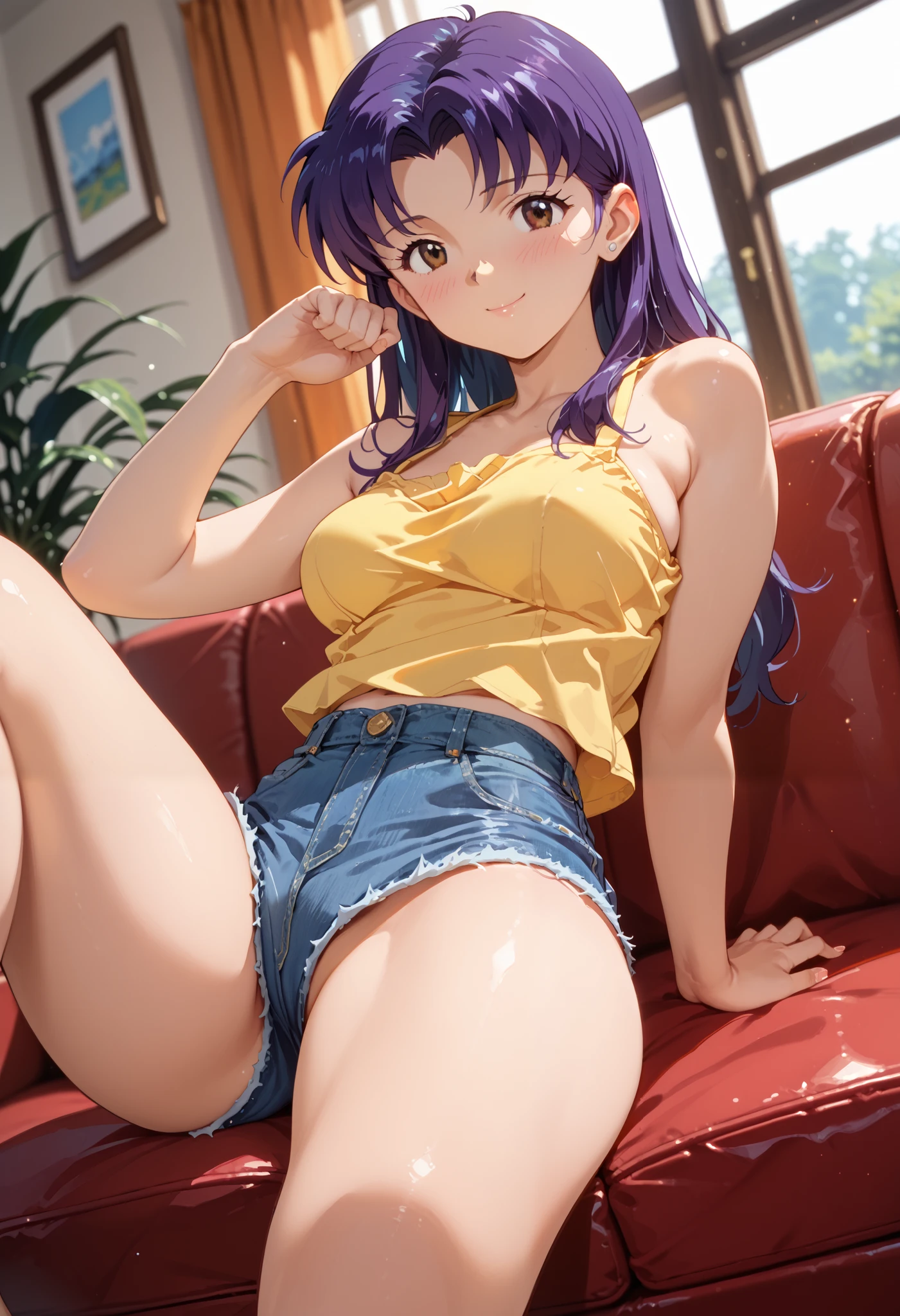 1girl, misato katsuragi, solo, dutch angle, blush, yellow shirt, bare shoulders, denim shorts, thicc thighs, legs spread, lazy pose, looking at viewer, medium breasts, dark brown eyes, purple hair, shy smile, couch, (blurry background), depth of field, masterpiece, best quality, good quality, newest, ultra quality, high detailed