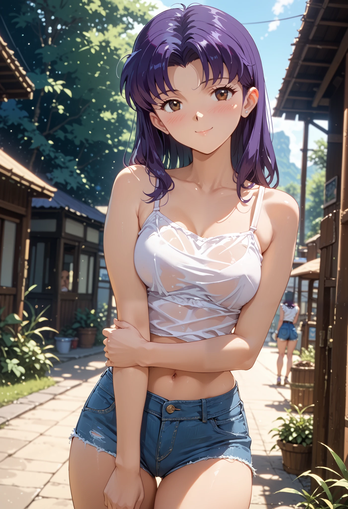 1girl, misato katsuragi, solo, dutch angle, blush, white top, bare shoulders, denim shorts, thicc thighs, seductive pose, looking at viewer, medium breasts, dark brown eyes, purple hair, shy smile, outdoors, (blurry background), depth of field, masterpiece, best quality, good quality, newest, ultra quality, high detailed