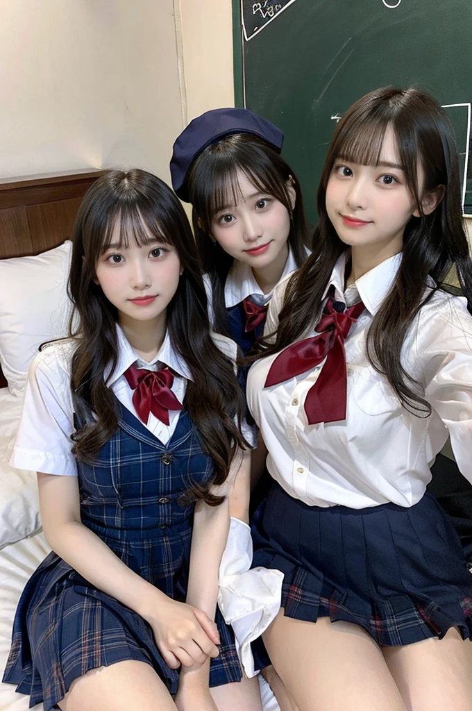 ((Four schoolgirls sitting on bed,Sit across from me,Look at me affectionately fascinated、Enraptured look,Trance,Everyone sees the camera perfectly,1 beautiful girl who is half Spanish,a blond,Brown hair,A dark-haired,photoRealstic,Luxury hotel bed taken from the lap,Same uniform,japanese,4 schoolgirls,Play with each other,Touching each other's bodies,Touching the body of the girl next door,4 Close contact,Very hilarious pose)),(Navy blue skirt in a sailor suit、Red ribbon and white shirt,Same ,large full breasts,very huge round breasts,Beautiful makeup,glitter makeup,Cutest 18 years old)),((Realistic lighting,during daytime,The background is a luxury hotel room,A detailed face,perfect teeth,White teeth,finerly detailed face,Beautiful face,an ecstatic look on one's face,Perfect fingers,Accurate 5 fingers,high-definition RAW color photography, professional photograpy, extremely delicate and beautiful, Extremely detailed,finely detail, Huge file size,Top image quality,8K))