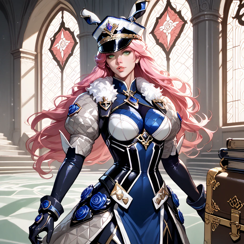  masterpiece , (( Ultra-detailed background , delicate pattern,  Intricate Detail )), ( very detailed , detalhes finos),  better quality, (( medium breasts,  thin)), Princia, 1 , Alone,   long hair ,  military hat , Cap, fur trim,  military uniform,  green eyes, ((pink hair)), cap, ( complex and detailed background ,  complex and detailed background , inside, Castle bedroom ambiance, medieval castle,  gray walls , window,  Bookcase ),  ((cowboy shot)),