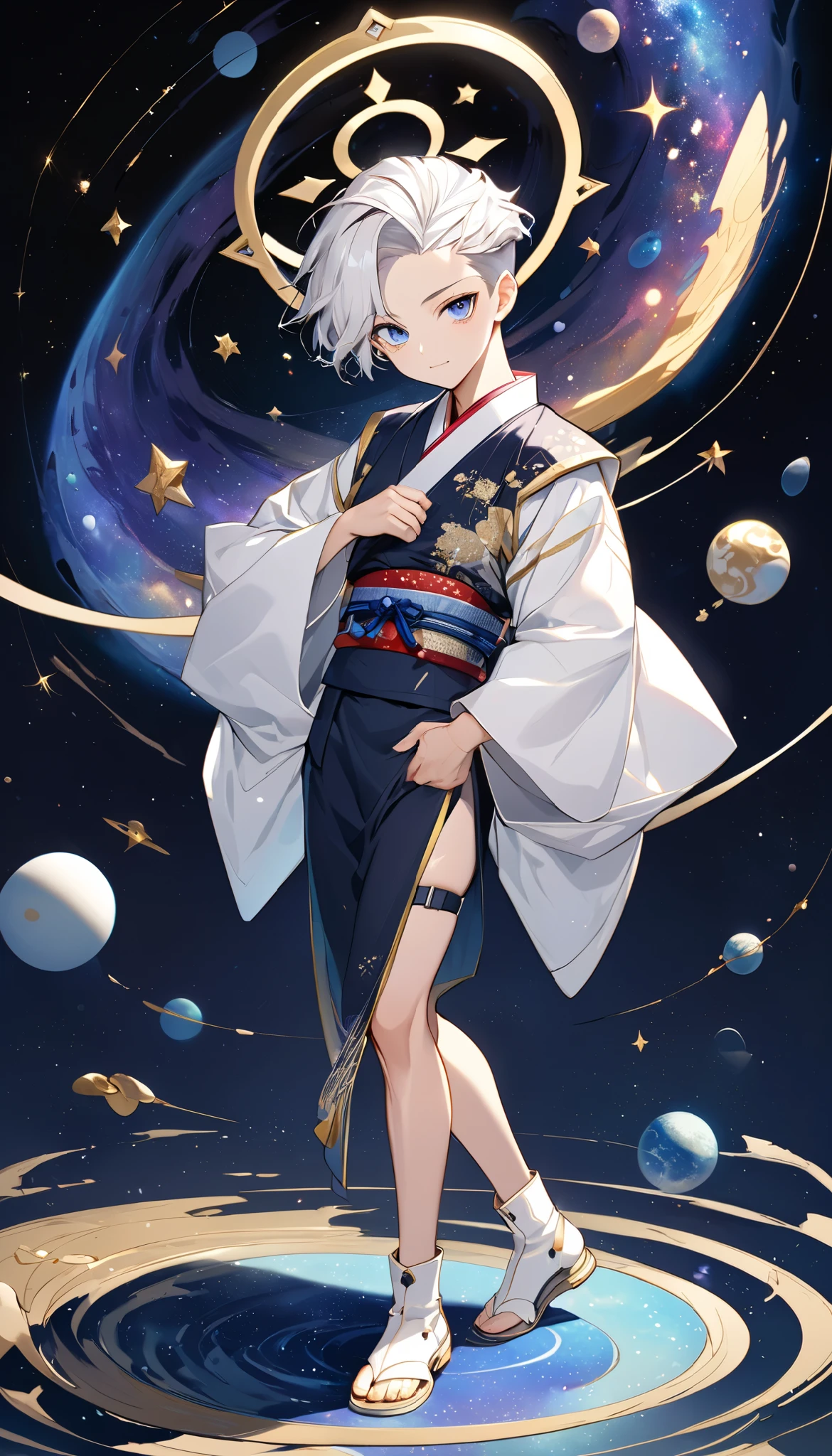 Fresh illustration,
Ultra-fine drawing,
Very delicate illustration,
Very fine details,
One boy,
Full body,
Height 158cm,
Fair skin,
Right eye is purple,
Left eye is blue,
Odd eyes,
Heterochromie iris,
Beautiful eyes,
Large black pupils,
Cleanly cut hairstyle,
Slicked back hairstyle,
Short hair,
Shiny hair,
Blue roots and white hair elsewhere,
Hair with a gradient,
Cute face,
Pretty face,
A shining angel halo on the back of the head,
Raised eyebrows,
Upper body in kimono,
Upper body in traditional Japanese clothing,
Masculine build,
Six pack,
Very small breasts,
No breasts,
Lower body in Chinese dress,
Black obi,
Overall white clothes,
tasteful embroidery with gold thread,
clothes with a high-quality texture,
jock straps,
thigh straps,
thigh straps digging into the skin,
white long boots,
Japanese-style toes,
five fingers on hands and feet,
thin waist,
thin legs,
isometric,
golden ratio,
divine atmosphere,
wearing an indigo-colored stand-up collared inner,
outer space,
galaxy,
countless small stars,
tactical use of shadows,
clothes, headbands, and hair do not extend beyond the frame,