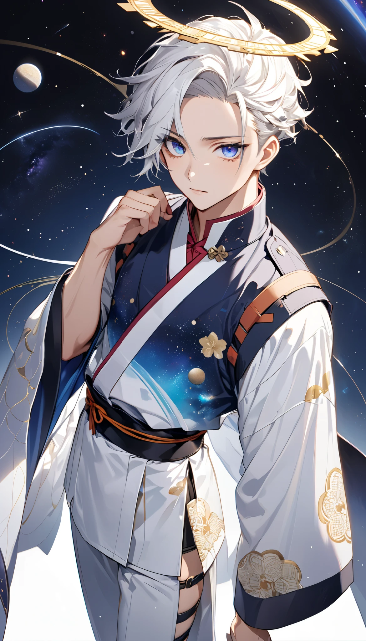 Fresh illustration,
Ultra-fine drawing,
Very delicate illustration,
Very fine details,
One boy,
Full body,
Height 158cm,
Fair skin,
Right eye is purple,
Left eye is blue,
Odd eyes,
Heterochromie iris,
Beautiful eyes,
Large black pupils,
Cleanly cut hairstyle,
Slicked back hairstyle,
Short hair,
Shiny hair,
Blue roots and white hair elsewhere,
Hair with a gradient,
Cute face,
Pretty face,
A shining angel halo on the back of the head,
Raised eyebrows,
Upper body in kimono,
Upper body in traditional Japanese clothing,
Masculine build,
Six pack,
Very small breasts,
No breasts,
Lower body in Chinese dress,
Black obi,
Overall white clothes,
tasteful embroidery with gold thread,
clothes with a high-quality texture,
jock straps,
thigh straps,
thigh straps digging into the skin,
white long boots,
Japanese-style toes,
five fingers on hands and feet,
thin waist,
thin legs,
isometric,
golden ratio,
divine atmosphere,
wearing an indigo-colored stand-up collared inner,
outer space,
galaxy,
countless small stars,
tactical use of shadows,
clothes, headbands, and hair do not extend beyond the frame,