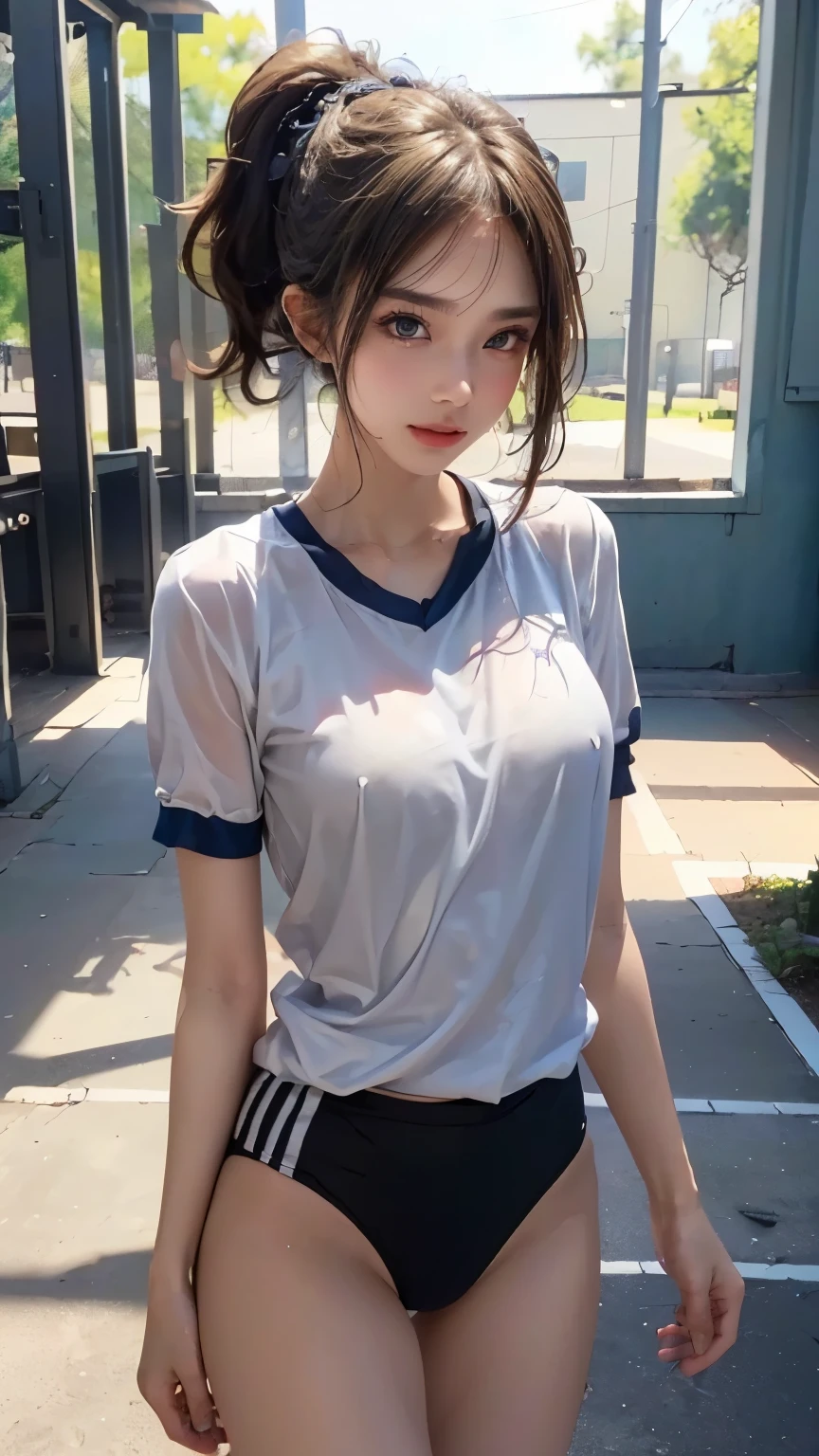 cute, two girls, , , black hair, ponytail, school track suit, white short sleeves, (((no pants))), innocent smile, (shiny skin), big bust, ((no bra)), (((no underwaer))), ((see-nipple)), (((wet))), (((see-through)))