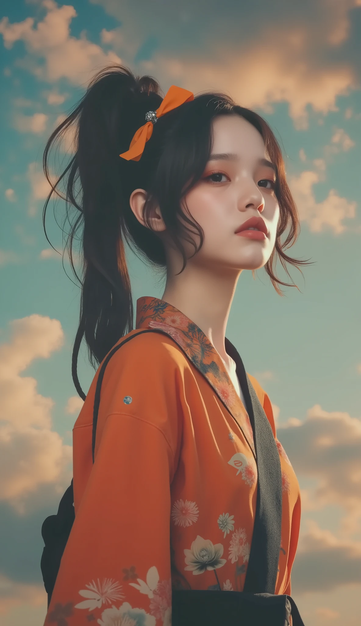 taken from the front、masterpiece、 super detailed 、8k、Jenna Ortega、 super zoom up on her face ,「 black hair Braided Pigtails の若い女性が自信に満ちたポーズで立っているスタイリッシュで大胆なイラスト。 black hair、 Braided Pigtails 、 wearing a modern kimono with a striking orange and black color palette 、 is adorned with intricate floral patterns and clear lace sleeves 。 Her outfit 、 and is accented with bright multicolored ribbons on her back and uniquely patterned stockings 。 One leg has a bright orange design 、 The other leg is adorned with colorful abstract motifs 。 She has an industrial design It has a large, ornate sword that has been applied 、 Its blade reflects a fusion of modern and traditional aesthetics 。 has minimal 、It features soft flower outlines and a shining full moon 、 emphasizes her graceful and powerful presence 。」