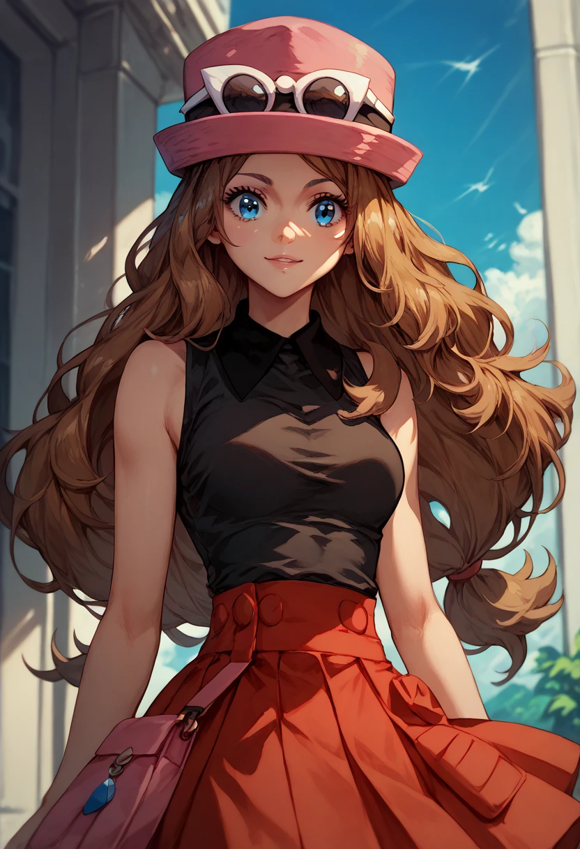 serena, long hair, blue eyes, brown hair,eyewear on head, hat, skirt, sunglasses, shirt, black shirt, sleeveless, red skirt, pink hat,