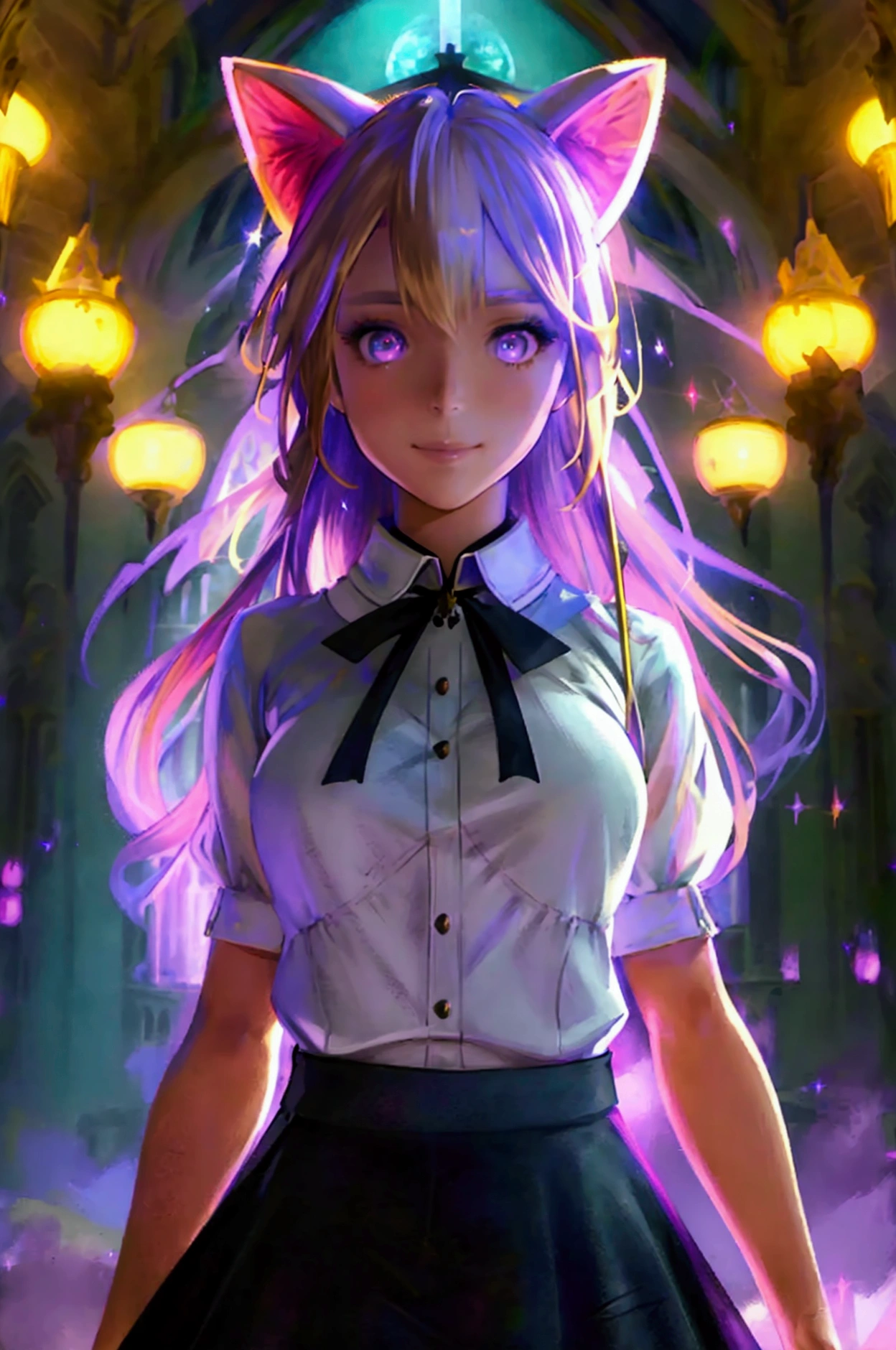 ( Official Art、 top quality 、unity 8k wallpaper、32K、masterpiece、 ULTRA DETAIL、 super high res、 realistic 、 Photorealistic:1.2)、( movie lighting:1.2)、 purple eyes, Fire glow effect、 film grain、 best shadow、 rimlight、 side lights、 side shot 、( highly detailed and intricate 3D rendering)、細部まで beautiful facesと目、 sharp pupils、 realistic 生徒、slender、１Men and women、 medium bust 、(whole body:1.2)、   highly detailed background 、 beautiful faces、 beautiful girls、( high definition skin、 detailed skin texture showing the cathedral:1.3)、(Half Blonde、 colorful hair:1.3)、blunt bangs、Purple Igical Girl Costume、 white shirt、Frilled outfit、 frill skirt 、 knee socks、( thigh thigh thigh:0.8)、 black boots 、(Fantasy and beautiful night sky、cathedral:1.4)、(I have a magic wand :1.3)、(From the side:1.3)、fantasy、 wicked smile、 opening your mouth slightly.