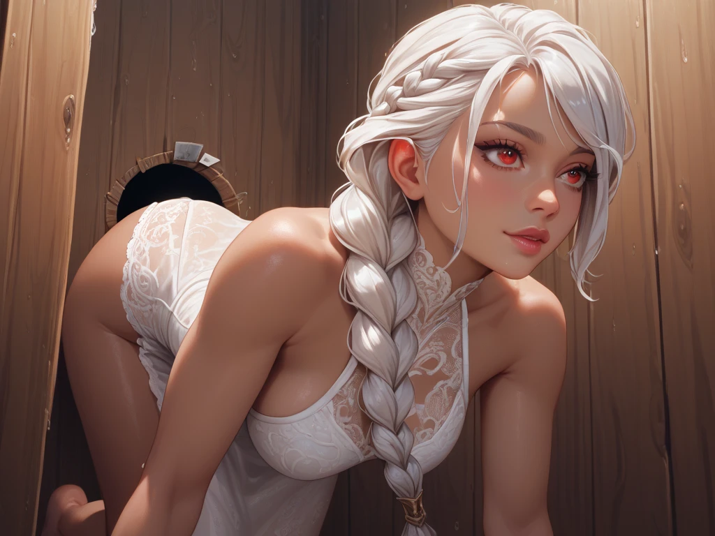 Woman beautiful and detailed eyes,  A girl in a sex room ,  tight dress , Shoelaces,  detailed face ,  long braided ponytail over her shoulder, Medium chest,  medium length ,  medium breasts,  lace underwear, neckline,  white hair ,  deep red eyes, tan, jewelry,semen on the floor, Gloryhole room   