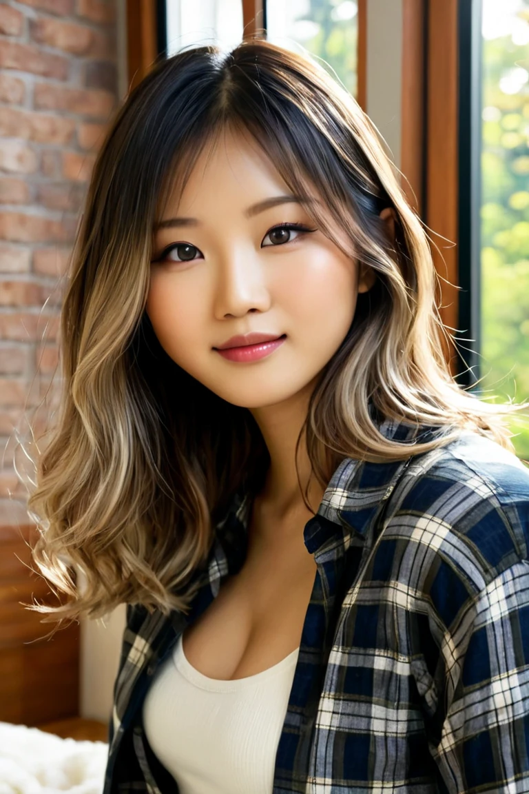 A young asian woman with soft, wavy shoulder-length hair featuring light brown and ash blonde highlights. She has a natural, relaxed pose and a calm facial expression, looking directly at the camera. The camera angle is medium close-up, focusing on her face and upper shoulders. She is wearing a plaid flannel shirt over a white top. The background is a cozy, modern room with a wooden wall and a large window showing green trees outside. The lighting is natural and soft, coming through the window, giving a warm and tranquil vibe. The style is photorealistic with precise details on facial features and hair texture.