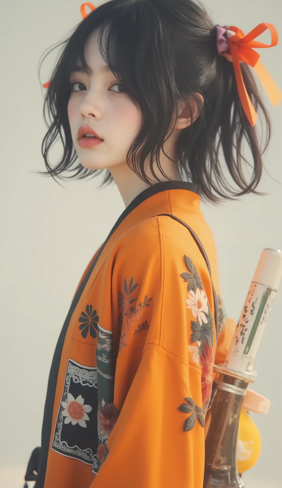  taken from the front、 upper body、masterpiece、 super detailed 、8k、Jenna Ortega、  super zoom up on her face ,「 black hair Braided Pigtails の若い女性が自信に満ちたポーズで立っているスタイリッシュで大胆なイラスト。 black hair、 Braided Pigtails 、 wearing a modern kimono with a striking orange and black color palette 、 is adorned with intricate floral patterns and clear lace sleeves 。 Her outfit 、 and is accented with bright multicolored ribbons on her back and uniquely patterned stockings 。 One leg has a bright orange design 、 The other leg is adorned with colorful abstract motifs 。 She has an industrial design It has a large, ornate sword that has been applied 、 Its blade reflects a fusion of modern and traditional aesthetics 。 has minimal 、It features soft flower outlines and a shining full moon 、 emphasizes her graceful and powerful presence 。」