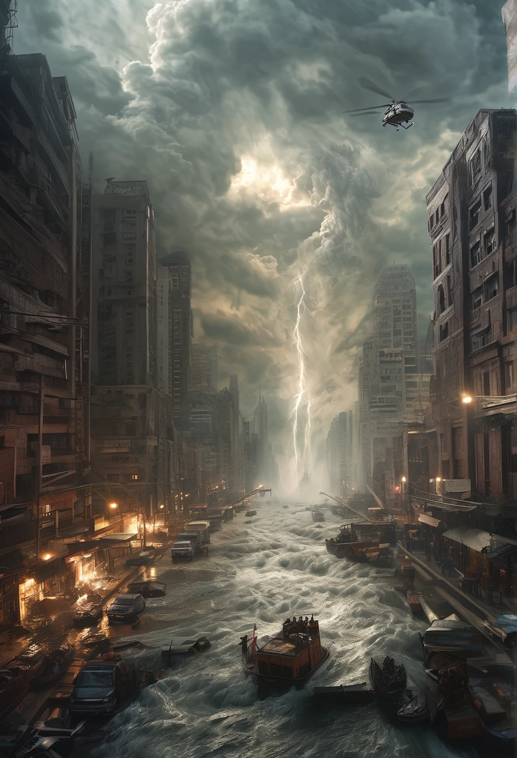 ( best quality,4k,8K,highres, masterpiece:1.2),ultra-detallado,( realistic ,photo realistic ,photo- realistic :1.37), desperate giant , angelic beings and demonic , powerful monster ,Glittering swords , majestic and dark atmosphere , modern cityscape ,Raging Water ,stormy weather,destruction,helicopters capturing the scene angels flying around  