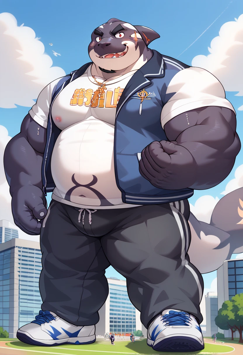 Humanity,male,shark,Orca,Plump,good looking,Muscular, stomach, Iris, (Pause:1.3), (Pause:1.3), 4K, Five Fingers, detailed hands, ((detailed face, (detailed eyes:1.0), detailed)), (whole body), by Zachary911, Author: zaush, (Personally:0.5), View your viewers, shirt, Jacket, male性中心, Open clothes, pants,pantsを脱いでいる,膝の下まで脱いだpants, red shirt, Dog Tags,Light blue underwear,(((A fascinating big crotch bulge))), (((pantsの中で大きく勃起している))),