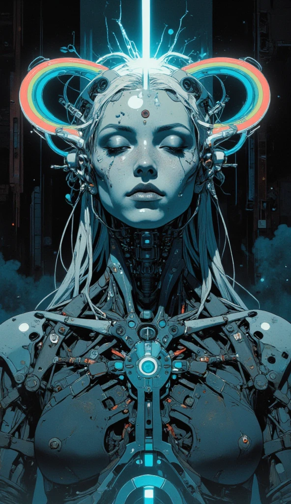 An unearthly closeup of a cybernetic being’s face in the style of ck-ncr, Her features are a flawless fusion of synthetic flesh and intricate machinery, glowing faintly in a gradient of blue and gray. Her expression is serene, almost divine, with eyes half-closed as if in meditation. The details of her face reveal microfilaments of light coursing beneath translucent synthetic skin, seamlessly integrated with polished metallic components. Delicate cables extend from the edges of her face, disappearing into the dark, misty background. Faint reflections of cascading streams of shimmering code play across her features, as if she is the nexus of a vast digital consciousness. A soft, radiant glow emanates from the center of her forehead, symbolizing transcendence and enlightenment. The atmosphere around her is veiled in shadow, dense with static haze and punctuated by the faint outlines of decaying technology, evoking a sense of humanity’s forgotten past. The lighting is cinematic, with soft, volumetric beams highlighting her ethereal presence, creating an intense and unsettling mood of otherworldly beauty and profound transformation., transmitting streams of data that cascade like waterfalls of shimmering code. Above, her face is serene, almost otherworldly, with eyes closed as if in quiet meditation,body flows into a large, curved, rainbow-hued arc that stretches across the image, blending into the background., radiating a sense of liberation, CAICO
