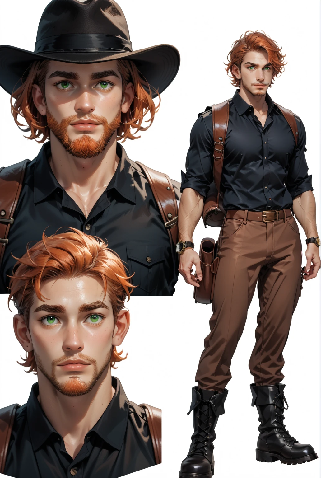 Imale, ginger hair, short hair, ginger full beard, green eyes,dark brown leather fedora, kahki button up shirt sleeves rolled up, adventuring backpack,
Dark brown pants, black leather lace up boots, empty holster on right hip, gold watch on right wrist, standing,Athletic build, Multiple Views, standing, show full body, High Details, Accurate, 