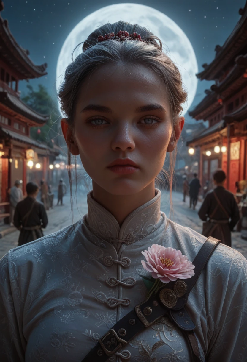 pink panty, Masterpiece, Best Quality, Night, Full Moon, 1 Girl, Mature Woman, Chinese Style, Ancient China, Sister, Royal Sister, Cold expression, expressionless face, Silver white long haired woman, Light pink lips, Calm, Intellectual, Three belts, Gray pupils, Assassin, Short knife, Flower ball background, Strolling in the street scenery